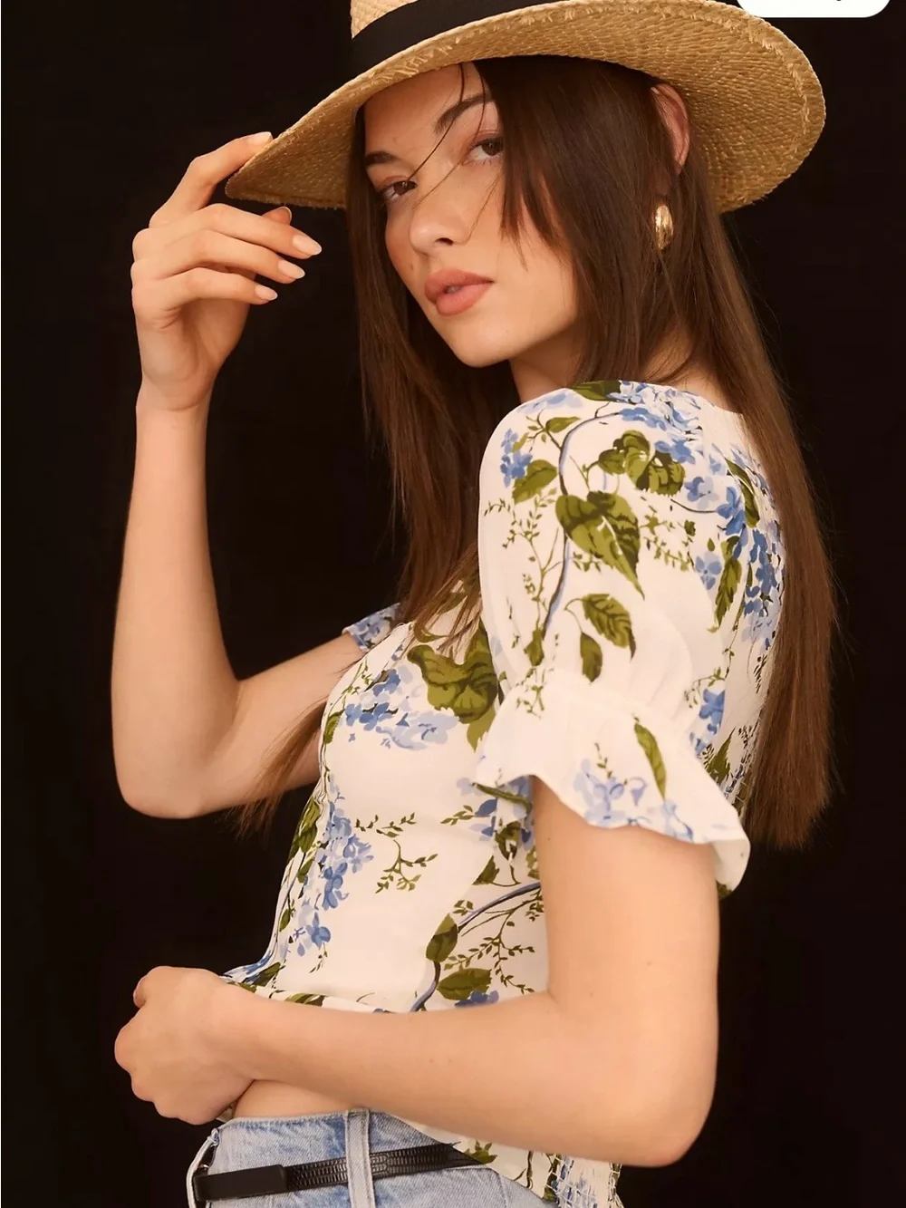 Reformation Constance Top Cream Floral Square-Neck Puff Sleeve Top